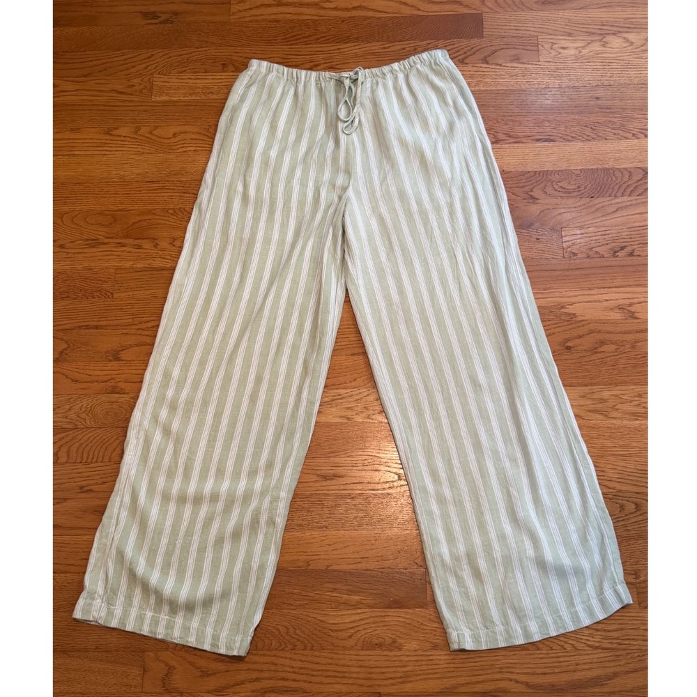 Cali 1850 Linen Blend Striped Wide Leg Pants Sage Green White Large